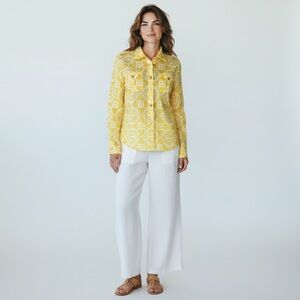 Tory Burch Lightweight Yellow Print Button Down Blouse Cotton Size 6